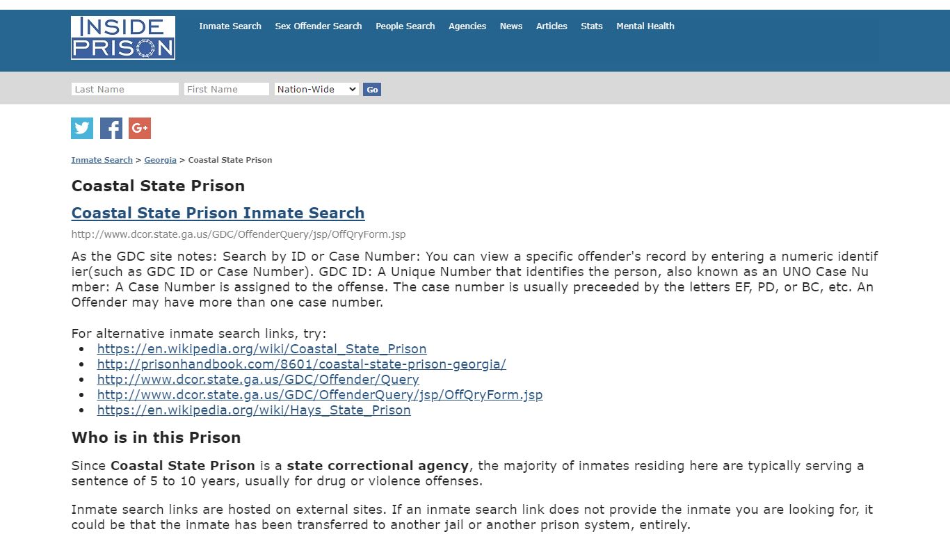Coastal State Prison - Georgia - Inmate Search